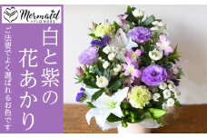 フラワーアレンジメント 花あかり　白ムラサキ【フラワー　アレンジメント　お供え 花 フラワー アレンジメント 供花 命日 法事　ふんわりと優しく品のよい花 大阪府 門真市 】
