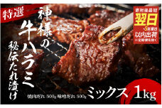 【 スピード発送 】特選神様の牛ハラミ 秘伝たれ漬け 1kg（焼肉だれ1p＋味噌だれ1p）
