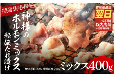 【 スピード発送 】【 特選 黒毛和牛 】 神様のホルモンミックス 秘伝たれ漬け 400g（焼肉だれ1p＋味噌だれ1p）