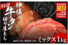 【 スピード発送 】特選神様の牛タン切り落とし　1kg（塩だれ1p＋焼肉だれ1p）  /  食べ比べ  訳あり スピード配送 お肉の神様