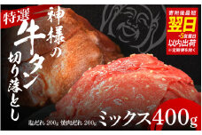 【 スピード発送 】特選神様の牛タン切り落とし　400g（塩だれ1p＋焼肉だれ1p）   /  食べ比べ  訳あり スピード配送  お肉の神様