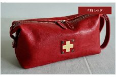 木の庄帆布 小物入れ ラウンドポーチ K-KHG-WBP01T　#38 RED(レッド) - レザーのなめらか感を引き出すボックスポーチ
