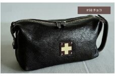 木の庄帆布 小物入れ ラウンドポーチ K-KHG-WBP01T　#58 D.CHOCO(D.チョコ) - レザーのなめらか感を引き出すボックスポーチ
