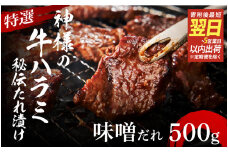 【 スピード発送 】特選神様の牛ハラミ 秘伝たれ漬け 500g（味噌だれ1p）