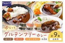 【自家用 化粧箱なし】ゆるっとグルテンフリーカレー ビーフ（中辛）ポーク（甘口）バターチキン（辛口）合計9食セット【092D-011】