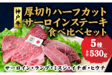 神戸牛 サーロイン、ランプ、ミスジ、イチボ、ヒウチ 、厚切り ハーフカット ステーキ 食べ比べ セット (サーロイン 130g ランプ 100g ミスジ 100g イチボ 100g ヒウチ 100g) 肉 【 赤穂市 】