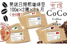 【宝塚】miniｻｲｽﾞ3ヶ月定期便C（当日自家焙煎珈琲6種 計600g）【豆】