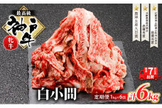 神戸ビーフ 神戸牛 牝 6か月連続 1kg 1000g 計6kg お届け 定期便 切り落とし 白小間 牛小間 大容量 小分け 冷凍 肉 牛肉 すぐ届く