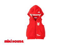 ミキハウス フード付きベスト 赤－90cm （10-5706-494） 【 ミキハウス mikihouse 子供服 子ども服 フード付きベスト 赤 紺 上品 柔らかい 丈夫 長持ち 綿100％ シンプル ギフト お祝い プレゼント キッズ 国産 日本製 安心 安全 】