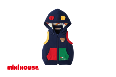 ミキハウス フード付きベスト 紺－100cm （10-5706-494） 【 ミキハウス mikihouse 子供服 子ども服 フード付きベスト 赤 紺 上品 柔らかい 丈夫 長持ち 綿100％ シンプル ギフト お祝い プレゼント キッズ 国産 日本製 安心 安全 】