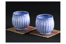 AD2　鎬手 湯呑 ペア 【 湯飲み 湯呑 ペアカップ カップ 波賀焼 焼物 窯元 シンプル 手作り 素朴 ブルー 青 】