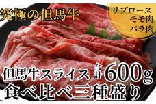 【但馬牛 スライス食べ比べ三種盛 合計600g リブロース200g もも肉200g バラ肉200g 冷凍 産地直送】発送目安：入金確認後1ヶ月程度 配送日の指定はできません。黒毛和牛の最高峰である但馬牛の美味しい部位をスライスして詰め合わせ 牛肉 しゃぶしゃぶ すき焼き 焼肉 和牛 但馬 神戸 香美町 村岡 牛将 25000円 02-20