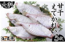 【干物 甘干えてかれい 大判5枚入（1枚あたり180g）干物の本場 香住産 冷凍】発送目安：入金確認後、順次発送いたします。日本海の荒波で育った大きく肉厚なエテカレイ。鮮度良く、脂がのった旬の素材のみを使い、ご飯によく合うちょうど良い塩加減で干し上げました。素材の良さ抜群 伝統の技術 兵庫県 香美町 香住 柴山 大人気 ふるさと納税 蔵平水産 12000円 08-07
