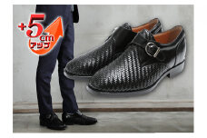 ビジネスシューズ 本革 革靴 カンガルー革 メッシュ モンク 紳士靴 5cmアップ シークレットシューズ No.75 ブラック 24.0cm [№5990-7726]0288