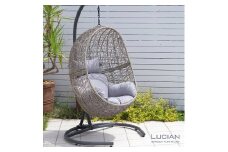 ハンギングチェア エッグ型 クッション付き ／ コスティック 卵型 吊り下げ ラタン 屋外 自立式 1人掛け 室内 ファブリック生地 アウトレット ベランピング グレージュ 奈良県 御所市