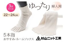 片手で履きやすい5本指！おやすみ・ルームソックス「美足(みあし)」婦人用3足セット (22～24cm)  [2846]