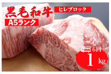 【全6回定期便】黒毛和牛 A5ランク ヒレ ブロック 1kg ソース付 和牛 冷蔵 冷蔵便 ブロック肉 牛肉 ヒレ肉 ヒレステーキ フィレ 1キロ 贈答 ギフト お中元