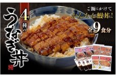 4種のうなぎ丼セット 全9食セット＜湯煎するだけで簡単に鰻丼ができます＞ / 田辺市 国産 国産うなぎ 国産鰻 うなぎ 鰻 鰻丼 うな丼 土用の丑の日 セット 食べ比べ 冷凍 和歌山 丼 簡単 湯煎 【ots002】