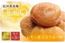 【プレミア和歌山認定品】 紀州南高梅「農家の梅」はちみつ梅（塩分約3％）600ｇ　※レモンパウダー入り / 梅干し 梅 梅干 うめ 紀州南高梅 和歌山 田辺市 肉厚 お米 おにぎり 焼酎 梅酒 健康 はちみつ梅 塩分約3％ 塩分控えめ レモン【nkn800-2】