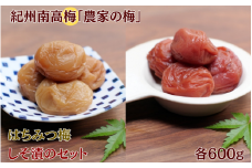 紀州南高梅「農家の梅」はちみつ梅（塩分約3％、レモンパウダー入り）・しそ漬（塩分約7％）のセット 各600g  / 紀州南高梅 南高梅 梅干し 梅干 梅 うめ 和歌山 田辺市 肉厚 お米 おにぎり 焼酎 梅酒 健康 しそ梅 産地直送 はちみつ レモン セット 食べ比べ【nkn009-2】