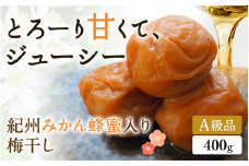 はちみつ梅干し 紀州みかん蜂蜜入り梅干（塩分約5％） 400g / はちみつ梅干し 和歌山 田辺市 紀州南高梅 南高梅 梅干し 梅干 梅 はちみつ 肉厚 お米 おにぎり 焼酎 梅酒 健康 みかん蜂蜜 甘い梅干し ご飯のお供 まろやか【mtz016-1】