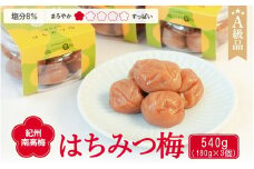 紀州南高梅 はちみつ梅干し （塩分8％）180g×3個 A級品 / 和歌山 梅干し 田辺市 紀州南高梅 南高梅 梅干 梅 小梅 はちみつ使用 はちみつ梅 肉厚 お米 おにぎり 焼酎 梅酒 健康 はちみつ梅 塩分8％ 塩分控えめ【ske020】