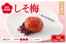  紀州南高梅　しそ梅（塩分13%）　4kg(2kg×2個） / 田辺市 紀州南高梅 南高梅 梅干し 梅干 梅  肉厚 お米 おにぎり 焼酎 梅酒 健康 【ske044-1】