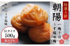 一梅千日　うす塩味梅「朝陽」(塩分3%) A級3Lサイズ　500g / 和歌山 和歌山県産 田辺市 紀州南高梅 南高梅 梅干し 梅干 梅 A級品 3Lサイズ 塩分控えめ うす塩 ご飯のお供【umm020】