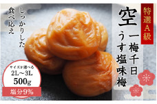 ＜サイズが選べる！＞一梅千日うす塩味梅「空」塩分9%  3Lサイズ　500g  / 和歌山 和歌山県産 紀州南高梅 南高梅 梅干し 梅干 梅 A級品 2Lサイズ 3Lサイズ うす塩 ご飯のお供【umm021-3L】