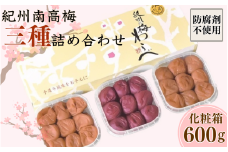 紀州産南高梅 三種詰め合わせセット 計600g (200g×3種) 化粧箱/ 梅干し 梅干 梅 和歌山 田辺 紀州南高梅 南高梅 かつお昆布だし お試し 出汁 磯塩 しそ 防腐剤不使用 ご飯のお供 スポーツ 運動 塩分補給【wrb010-1】