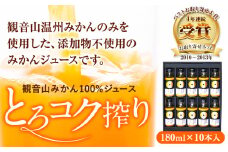 観音山みかんジュース「とろコク搾り」180ml×10本入 有限会社柑香園 《30日以内に出荷予定(土日祝を除く)》和歌山県 紀の川市 フルーツ 果物 柑橘 添加物不使用 100%ストレートジュース