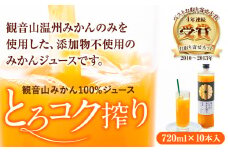 観音山みかんジュース「とろコク搾り」720ml×10本入 有限会社柑香園 《30日以内に出荷予定(土日祝を除く)》和歌山県 紀の川市 フルーツ 果物 柑橘 添加物不使用 100%ストレートジュース
