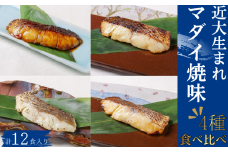 近大生まれマダイ 焼味4種食べ比べセット 計12食入 （ 塩焼き 照焼き 西京焼き 柚庵焼き 各3食入り） おかず お惣菜 西京漬け 近畿大学 焼き魚【akd010A】