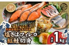 G7302_【ご家庭用 訳あり】人気の塩さばフィレ ＆ 紅鮭切身セット 計1kg