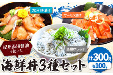 紀州湯浅醤油を使った サーモン と カンパチ の 漬け＆ 釜揚げ しらす の 海鮮丼 3種 セット 計300g 魚鶴商店 《30日以内に出荷予定(土日祝除く)》 和歌山県 日高町 サーモン カンパチ 釜揚げ しらす 漬け丼 海鮮丼 セット