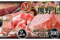熊野牛A4以上 ヒレシャトーブリアンステーキ 200g(100g×2枚) & 霜降り赤身こま切れ300g 株式会社魚鶴商店《30日以内に出荷予定(土日祝除く)》 和歌山県 日高町 熊野牛 黒毛和牛 A4等級以上 霜降り 肩ロース