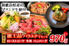 牛肉 熊野牛 加工品 バラエティ セット ミニ ローストビーフ 生ハンバーグ 牛丼の具 約 970g 株式会社Meat Factory《30日以内に出荷予定(土日祝除く)》和歌山県 日高川町 熊野牛 牛 和牛 惣菜 ハンバーグ 牛丼