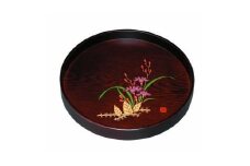 木製丸盆 茶盆（深型） 黒檀杢 山路（金蒔絵・盛絵）【YG400】