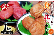 紀州南高梅 大粒 食べ比べセット 1㎏(はちみつ500g・しそ漬500g)  塩分約8% 無選別 ご家庭用 訳あり 梅 梅干 梅干し うめ ウメ ハチミツ シソ 小分け すさみ町 【khs122】