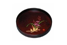 木製丸盆 茶盆（深型） 黒檀杢 山路（金蒔絵・盛絵）【YG400】