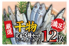 【定番干物12枚セット】干物セット アジ さんま カマスが4枚ずつ届く ／ひもの 詰め合わせ 干物 さんま サンマ アジ あじ カマス かます【sio117A】