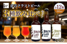 ＢＲＥＷ　ＬＡＢ　ＫＵＲＡＹＯＳＨＩ　３種飲み比べセット（１２本入） ビール クラフトビール 地ビール ipa ペールエール ゴールデンエール 鳥取県 倉吉市 珍しい 美味しい ビール党 クラフトビア 手作り おすすめ 飲み比べ 詰め合わせ