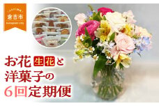 【優雅】お花（生花）と洋菓子の6回定期便 お花 生花 洋菓子 ドーナツ バームクーヘン 焼き菓子 ロールケーキ チーズケーキ ガトーショコラ スイーツ 定期便 鳥取県 倉吉市