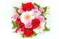 やさしく・かわいいピンク系の花に３本の赤いバラを合わせています。
3本のバラの花言葉・・・「あなたを愛しています」「告白」
