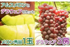 糖度14度以上のアムスメロン秀品1玉とデラウェア3房のセット（ギフトBOX)【先行予約 メロン デラウエア 果物 くだもの フルーツ ブドウ ぶどう 葡萄 3房 アムスメロン 秀品 1玉 期間限定 季節限定 早期予約 セット】