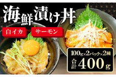 山陰ぶち旨グルメ　白イカ漬け丼の素・境港サーモン漬け丼の素（4食入り）【漬け 漬け丼 どんぶり 海鮮 白いか イカ いか 烏賊 サーモン  魚 冷凍 詰め合わせ 100g 4食 セット ギフト お土産 贈答 贈り物 プレゼント お祝い ご褒美】