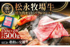 松永牧場牛（交雑牛）ロース＆バラ 焼肉セット （各250g）【焼肉 ロース 牛肉 国産 交雑牛 まつなが牛 バラ 焼き肉 やきにく 焼肉用 500g 1パック 贈答 ギフト 美味しまね認証】