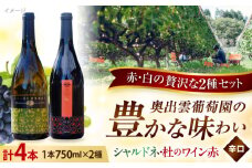 奥出雲葡萄園 シャルドネ2本・杜のワイン赤2本 ワイン お酒 ギフト 国産 熟成ワイン 熟成 酒 赤 赤ワイン 白 白ワイン 辛口 果実酒 お祝 贈答用 アルコール フルボトル 飲料 島根県雲南市/有限会社奥出雲葡萄園 [AICS006]