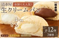 ＜究極のふわとろ食感＞清水屋 生クリームパン 12個 3種（カスタード・生クリーム・チョコ）