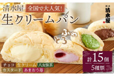 ＜究極のふわとろ食感＞清水屋 生クリームパン 15個 5種（カスタード・生クリーム・チョコ・あまおう苺・八女抹茶）